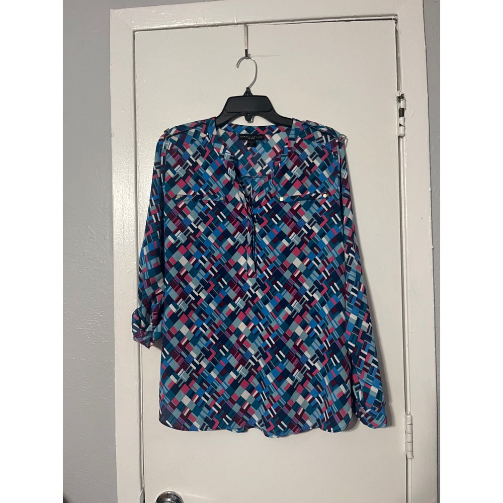 Simply Styled Blue Pink Geometric Roll Tab Sleeve V-Neck Blouse Large